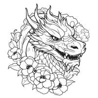 Dragon head in flowers, sketch drawn by hand. Symbol of the New Year vector