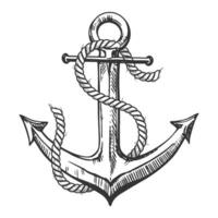 Sea anchor wrapped with rope. Part of the equipment for the ship. Vector hand drawn illustration. Clipart for tattoo, emblem, logo, label on a white background.