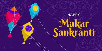 Happy Makar Sankranti horizontal banner illustration in flat design style vector