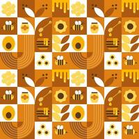 Vector seamless pattern with bees, honey, honeycombs, hive, flowers. Modern abstract Background. Bauhaus style style. Vector illustration of geometric shapes.