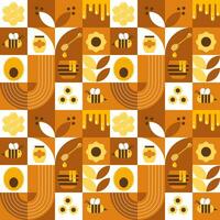 Vector seamless pattern with bees, honey, honeycombs, hive, flowers. Modern abstract Background. Bauhaus style style. Vector illustration of geometric shapes.