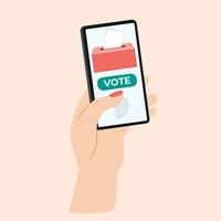 Voting online. Hand holds iPhone and votes. Election concept vector illustration