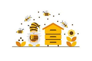 Vector illustration of bees, beehive, gnomes, honey pot, flowers.