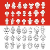 Collection of cartoon clowns, cute hand drawn in different characters, outline isolated set, vector illustration.