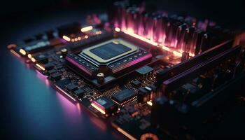 AI generated Close up view of a modern GPU card with circuit and colorful lights and details 3D rendering. Generative ai photo