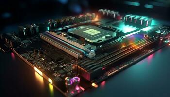 AI generated Close up view of a modern GPU card with circuit and colorful lights and details 3D rendering. Generative ai photo