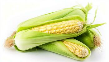 AI generated Fresh corn fruits with green leaves isolated on white background. Generative ai photo