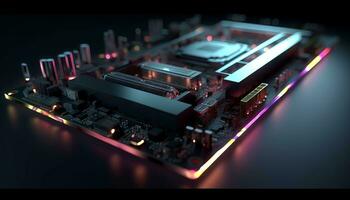 AI generated Close up view of a modern GPU card with circuit and colorful lights and details 3D rendering. Generative ai photo