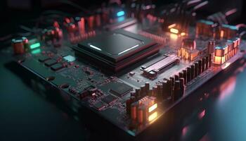 AI generated Close up view of a modern GPU card with circuit and colorful lights and details 3D rendering. Generative ai photo