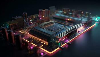 AI generated Close up view of a modern GPU card with circuit and colorful lights and details 3D rendering. Generative ai photo