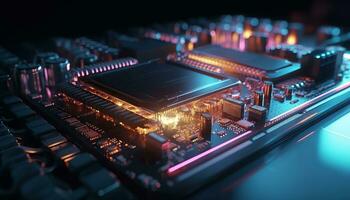 AI generated Close up view of a modern GPU card with circuit and colorful lights and details 3D rendering. Generative ai photo