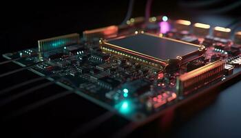 AI generated Close up view of a modern GPU card with circuit and colorful lights and details 3D rendering. Generative ai photo