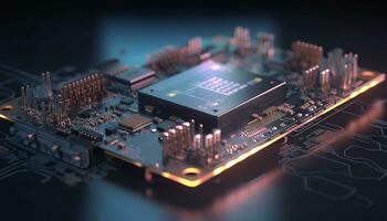 AI generated Close up view of a modern GPU card with circuit and colorful lights and details 3D rendering. Generative ai photo