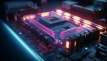 AI generated Close up view of a modern GPU card with circuit and colorful lights and details 3D rendering. Generative ai photo