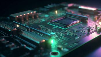 AI generated Close up view of a modern GPU card with circuit and colorful lights and details 3D rendering. Generative ai photo