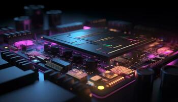 AI generated Close up view of a modern GPU card with circuit and colorful lights and details 3D rendering. Generative ai photo