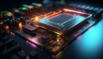 AI generated Close up view of a modern GPU card with circuit and colorful lights and details 3D rendering. Generative ai photo