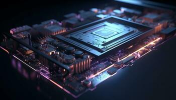 AI generated Close up view of a modern GPU card with circuit and colorful lights and details 3D rendering. Generative ai photo