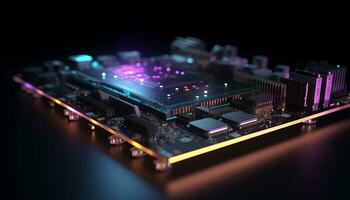 AI generated Close up view of a modern GPU card with circuit and colorful lights and details 3D rendering. Generative ai photo