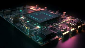 AI generated Close up view of a modern GPU card with circuit and colorful lights and details 3D rendering. Generative ai photo