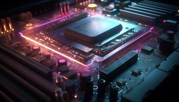 AI generated Close up view of a modern GPU card with circuit and colorful lights and details 3D rendering. Generative ai photo