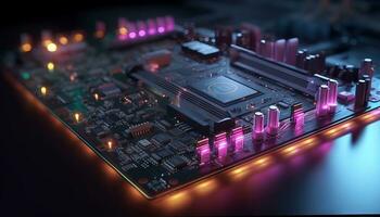 AI generated Close up view of a modern GPU card with circuit and colorful lights and details 3D rendering. Generative ai photo