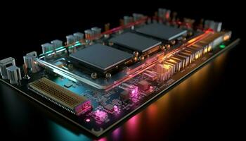 AI generated Close up view of a modern GPU card with circuit and colorful lights and details 3D rendering. Generative ai photo
