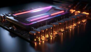 AI generated Close up view of a modern GPU card with circuit and colorful lights and details 3D rendering. Generative ai photo