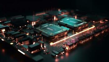 AI generated Close up view of a modern GPU card with circuit and colorful lights and details 3D rendering. Generative ai photo