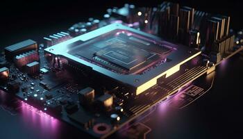 AI generated Close up view of a modern GPU card with circuit and colorful lights and details 3D rendering. Generative ai photo