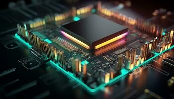 AI generated Close up view of a modern GPU card with circuit and colorful lights and details 3D rendering. Generative ai photo