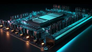 AI generated Close up view of a modern GPU card with circuit and colorful lights and details 3D rendering. Generative ai photo