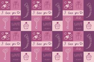 Valentine's Day seamless pattern in doodle style in squares. Print for wallpaper, stationary, wrapping paper, textile prints, packaging, etc. Vector illustration