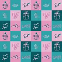 Valentine's Day seamless pattern in doodle style in squares. Print for wallpaper, stationary, wrapping paper, textile prints, packaging, etc. Vector illustration