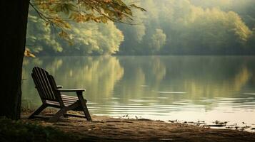 AI generated A serene lakeside scene with an empty chair and autumn leaves photo