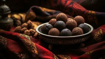 AI generated Exquisite dark chocolate truffles in a bowl, surrounded by luxurious red fabric photo