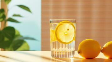 AI generated A glass of water with lemon slices on a wooden table with a sunny backdrop photo