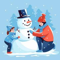 mamá y hija hacer un monigote de nieve en invierno. un niña y un mujer son teniendo divertido con el nieve. vector ilustración en el plano estilo, dibujos animados