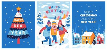 un conjunto de Navidad tarjetas un elegante Navidad árbol, niños en invierno y casas en ventisqueros departamento, dibujos animados vector