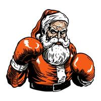 Santa Claus in boxing gloves. Engraving, retro, line style. A bad, angry, aggressive Santa. Christmas vector