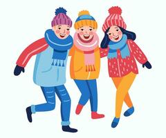 contento niños en invierno ropa son reír. muchachas y Niños caminando en el nieve. dibujos animados, plano vector