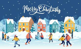 invierno paisaje, Navidad. personas son teniendo divertido en el nieve en contra el antecedentes de brillante casas dibujos animados, plano vector