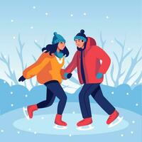 A couple in love skate in winter. A man and a woman have fun at Christmas. Vector illustration in the flat style, cartoon