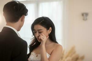 Bride's tears of happiness during wedding ceremony, Love ,Romantic and wedding proposal concept. photo