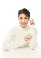 A portrait of young beautiful woman face with smooth healthy skin on white background , Skincare concept photo