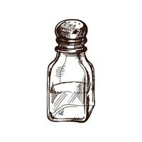 Hand-drawn sketch of glass salt shaker with metal lid. Vintage drawing of salt shaker. Vector black ink outline food sketch illustration. Food, cuisine. An illustration for the menu.