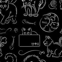 Seamless pattern of cats in different poses in sketch style. Fat cute cat lifestyle. Pets. The cat hissses, sleeps, hides sitting in box, walks. For wallpaper, fabric, wrapping, background. Fish bones vector