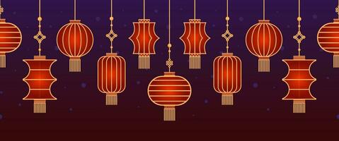 Horizontal seamless border of Chinese paper Hanging lantern Denglong. Good luck knot. Chinese New Year, Mid-Autumn Festival. Flat minimalistic geometric design. fabric, wrapping, background. vector
