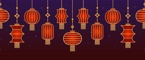 Horizontal seamless border of Chinese paper Hanging lantern Denglong. Good luck knot. Chinese New Year, Mid-Autumn Festival. Flat minimalistic geometric design. fabric, wrapping, background. vector