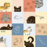 Seamless pattern of cats in different poses in sketch style. Fat cute cat lifestyle. Pets. The cat hissses, sleeps, hides sitting in box, walks. For wallpaper, fabric, wrapping, background. Fish bones vector